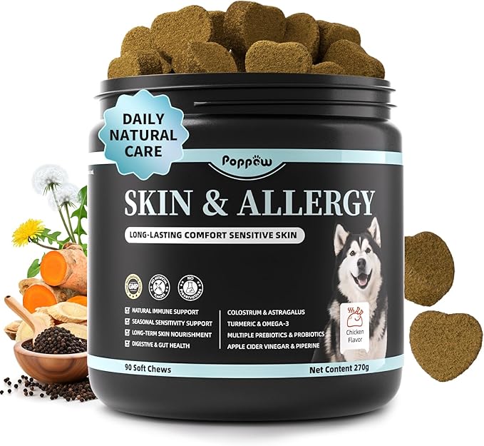 Dog Skin & Allergy Chews - Dog Probiotics for Sensitive Skin Health Support - Allergy Relief - Support Seasonal Allergies, Immune & Gut & Digestive Health Supplement - Chicken Flavor - 90 Count