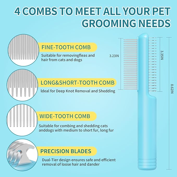 4 in-1 Pet Grooming Combo and Pet Hair Removal Soft Brush - Deshedding Dog Brush,Metal Comb for Cat and Dog,Dematting Comb,Matted Fur on Cats and Dogs
