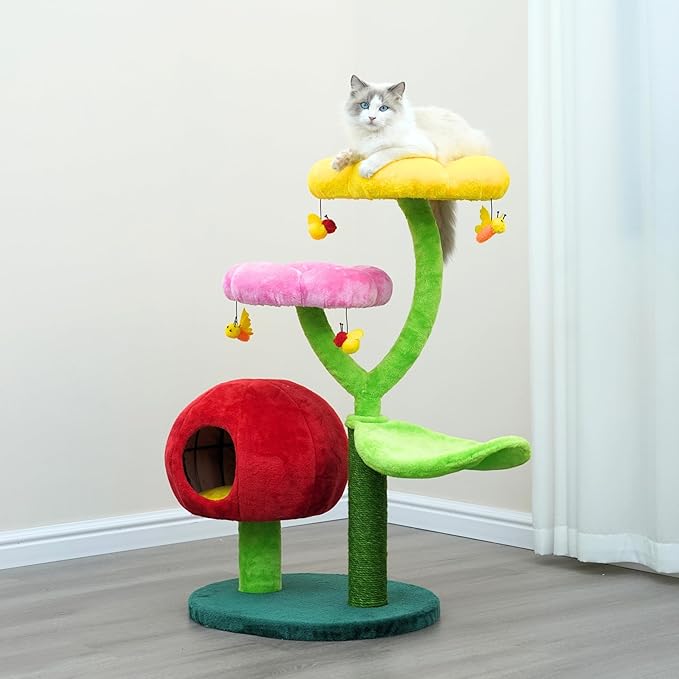 Catry 5-Level 40" Colorful Garden Style Cat Tree with Flower Perches, Leaf Hammock, Fruit Condo, Natural Sisal Scratching Post, Bee Toys, Parts Replaceable