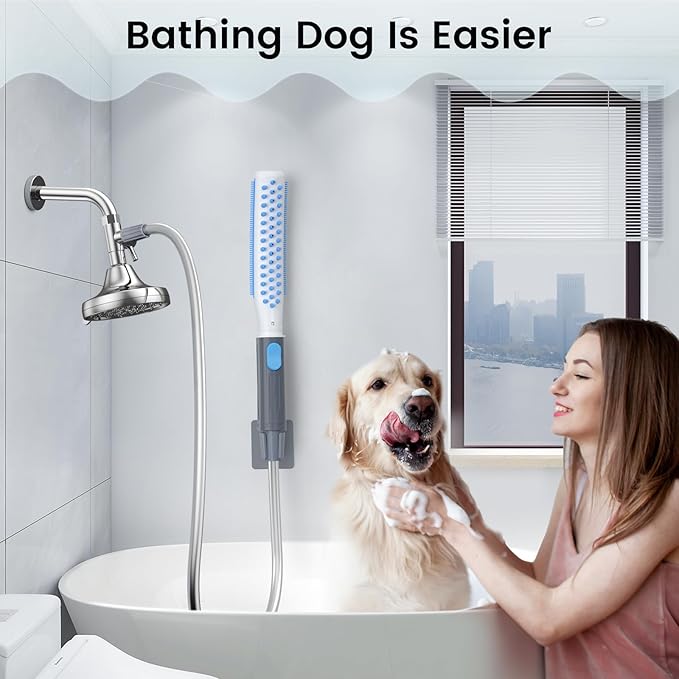 Dog Shower Attachment, Dog Washing Hose Attachment with Metal T-Diverter, Dog Bathing Supplies with 3 Spray Modes & One-Button ON/OFF Indoor and Outdoor Sprayer 8-Foot Hose
