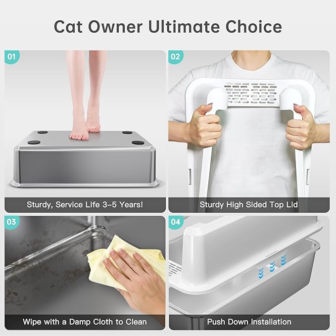 Stainless Steel Cat Litter Box with Lid, XL Metal Litter Box for Big Cats, Extra Large Litter Box with High Sides, Never Absorbs Odors, Non-Sticky, Easy Clean, Anti-Urine Leakage, with Scoop