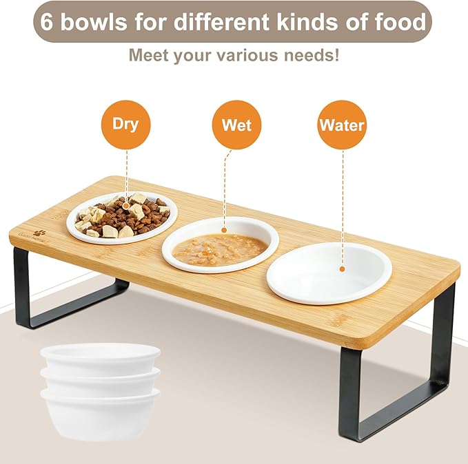 Sunhoo Elevated Cat Bowls for Indoor Cats Raised Tilted Food Water Kitty Dish Stand with 6 Ceramic Bowl Set Orthopedic Wooden Pet Feeder Feeding Sation Reduces Vomiting 4.7in Easy Assembly(Yellow)