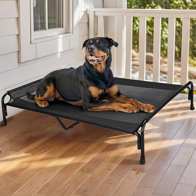 Veehoo XXL Outdoor Elevated Dog Bed, Raised Dog Cot for Extra Large Dogs, Cooling Washable Waterproof Pet Hammock Beds with Slope Headrest, Breathable Mesh and Sturdy Frame, XX-Large, Black, CWC2204
