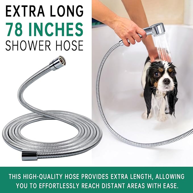 3 Mode Dog Shower Attachment, High Pressure Handheld Sprayer with ON/OFF Switch, G1/2" Metal Shower Diverter, 78 Inches Stainless Steel Hose, No Drill Hook, for Indoor Pet Bathing and Washing
