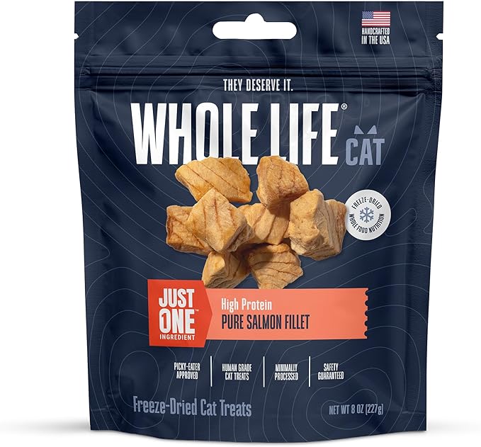 Whole Life Cat Just One Salmon Freeze Dried Cat Treats - Human Grade High Protein Food, Healthy Training Snacks, Freeze Dried Salmon Food Toppers, USA Made Natural Treats - 8 oz (Pack of 1)