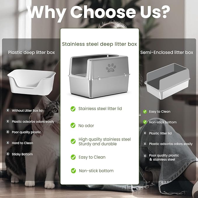 Enclosed Stainless Steel Cat Litter Box with Lid, Metal Litter Box for Big Cats, Extra Large Cat Toilet with High Side, Non-Stick, Anti-Leakage, Odorless, with Cats Litter Mat & Litter Scoop