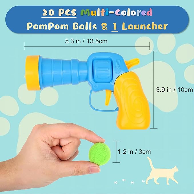 Low Noise Interactive Cat Ball Launcher Gun, 1 Noise-Reduced Launcher (New Upgraded), 20 Pcs Colorful Silent Plush Pom Pom Balls (1.2 inches), with 4 Pcs Cat Spring Toy