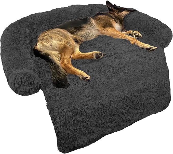 Calming Dog Bed Fluffy Plush Dog Mat for Furniture Protector with Removable Washable Cover for Large Medium Small Dogs and Cats (Large(45x37x6), Dark Grey)