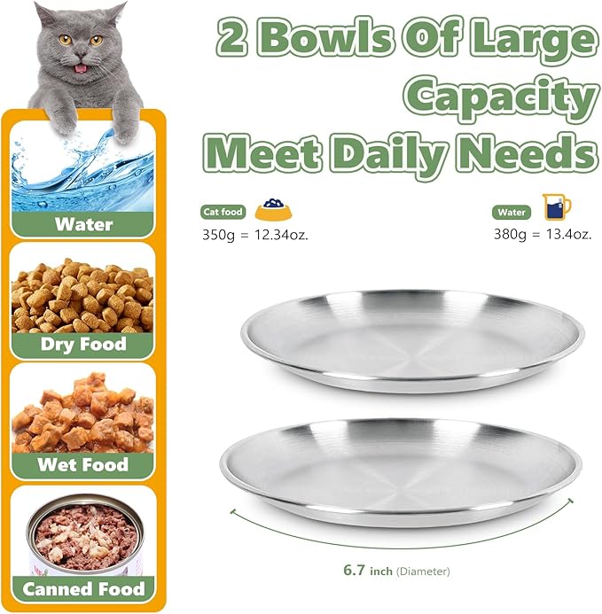 2-Pack Stainless Steel Cat Food Bowls, Shallow Whisker-Friendly Non-Slip Silicone Base Metal Dishes, Easy to Clean Indoor Feeding Flat Plates for Cat, Kitten, Small Dog (6.7")