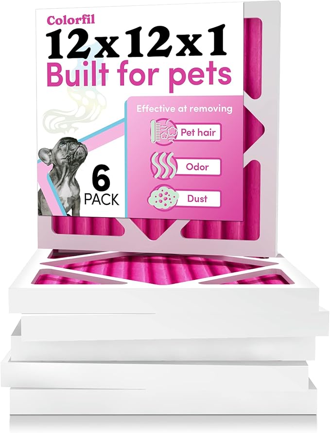 Colorfil 12x12x1 Air Filter (6-Pack) | Made in the USA | Color Changing | Remove Cat and Dog Odor | MERV 8 for Pet Hair Dander and Dust | 11.75"x11.75"x0.75" Exact Size