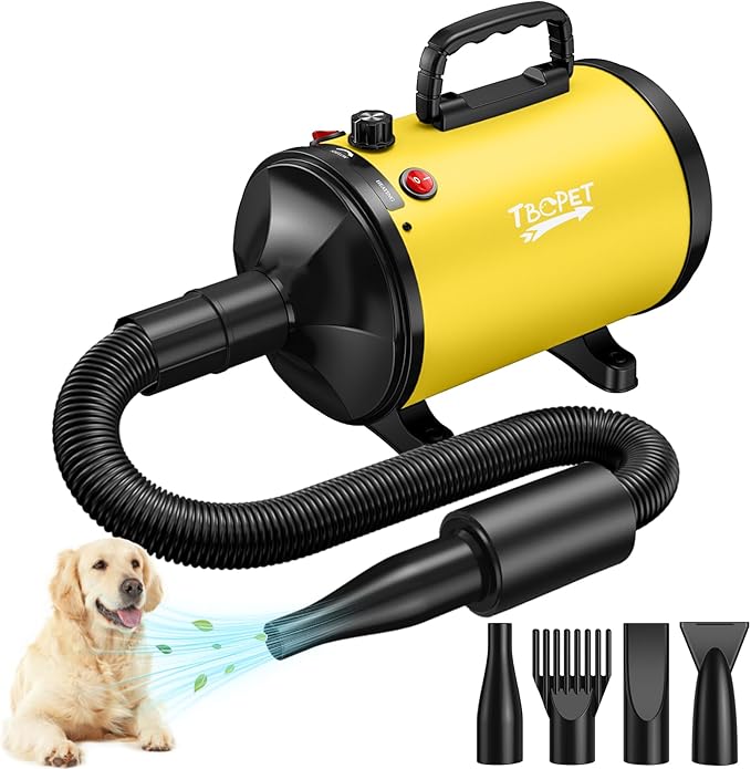Dog Dryer High Velocity Dog Hair Dryer with 4 Nozzles 5.2HP/3800W (Professional Super Cyclone), Stepless Adjustable Speed Temperature Dogs Grooming Blow Dryer with Heater for Pets Hair Dryer, Yellow