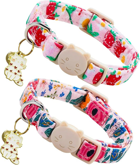 Spring Cat Collar-2 Pack Collars Strawberry and Flower Print Breakaway with Kitten and Bell Pendant Safety Buckle Adjustable Pet Collar Gift for Cats and Small Pets