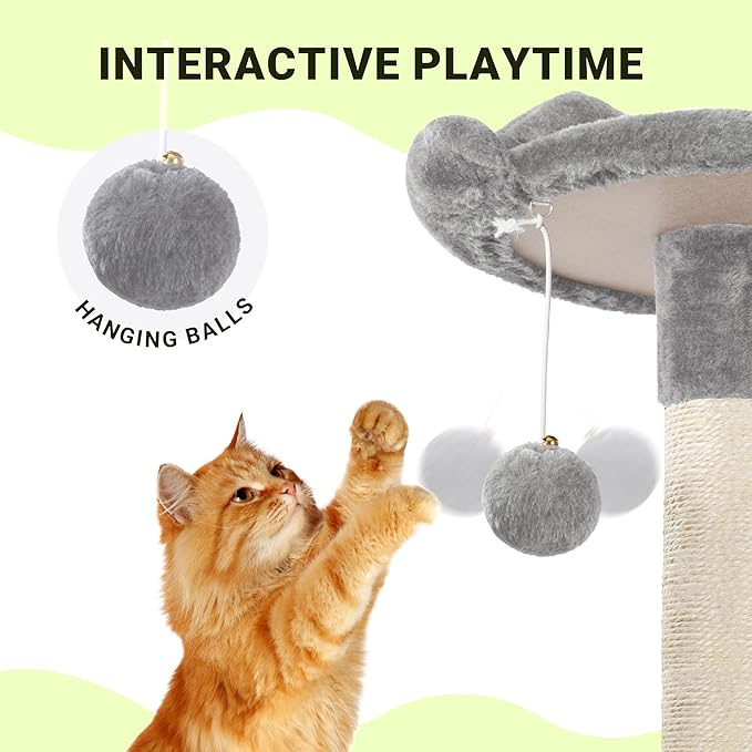 Allewie 64 Inches Cat Tree Tower/Multi-Level Activity Center for Indoor Big Felines/2 Plush Condos/2 Perchs/Basket/House/Sisal Scratching Posts/Hanging Cat Toys/Grey