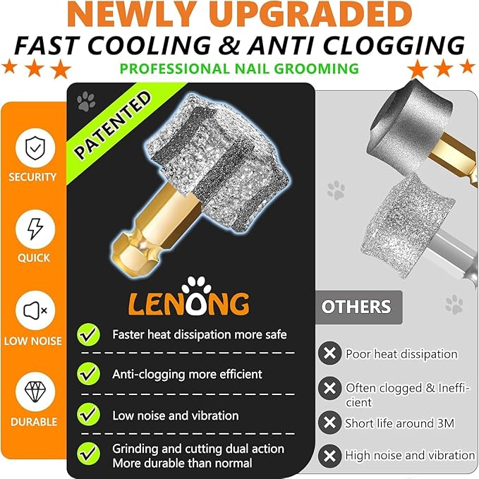 LENONG Fast Cooling Dog Nail Grinder Head with 7-Grooves, Anti-Clogging Diamond Pet Nail Grinder Replacement Heads with Steel Brush for Casfuy and Most Brands (2pcs 80#)