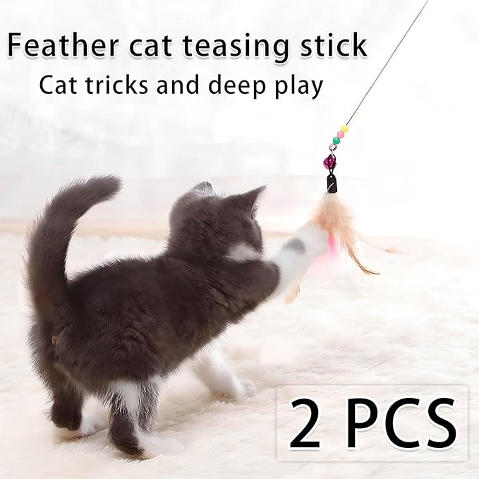 Cat Toys Interactive for Indoor Cats,2 PCS Cat Feather Toys and Wand Toys for Chase Exercise and Teaser Play with Kitten