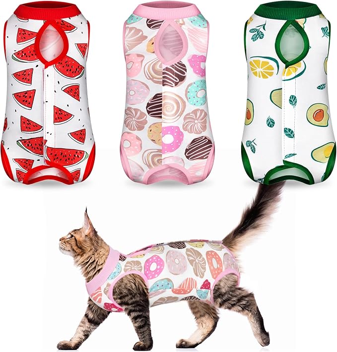Nuanchu 3 Pieces Cat Recovery Suit Kitten Recovery Suit E-Collar Alternative for Cats and Dogs Abdominal Skin Anti Licking Pajama Clothes Sets(Watermelon Pattern,Medium)