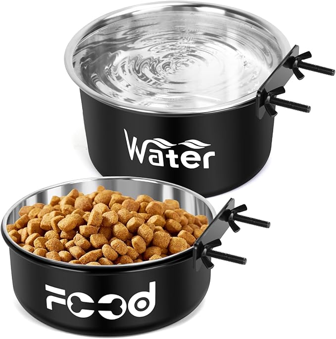 Crate Water Bowl No Spill for Large Dogs, Removable Stainless Steel Dog Bowls for Food and Water, Dog Kennel Hanging Wet and Dry Food Feeder for Medium/Large Pets, (7.1"x3.7" & 6.3"*2.6", Black)