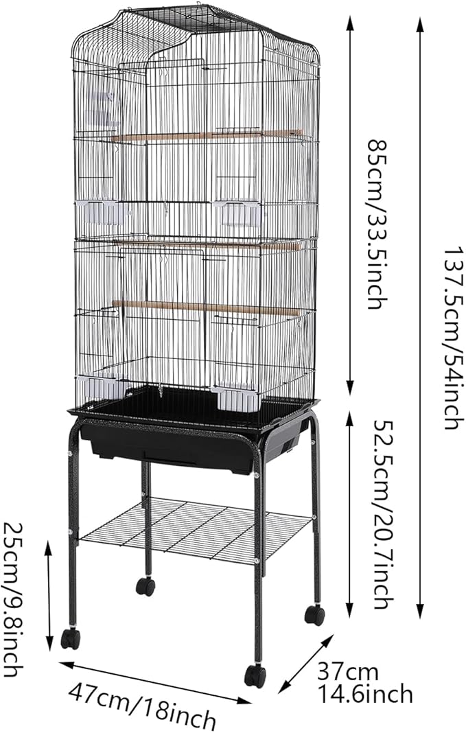 Freestanding Bird Cage Large Bird Cage with 4 Feeding Bowls & Waterer & 4 Universal Wheels & 2*Brake & Storage Rack & Slide-Out Tray & Mesh Panel Budgie Aviary for Balconies, in Homes, Shop（Black）