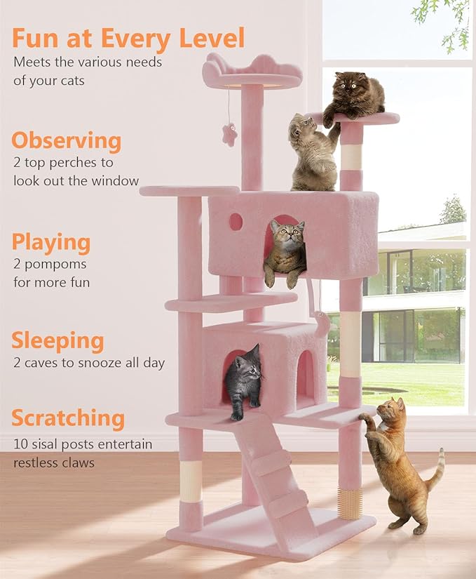 60'' Cat Tree Tower for Indoor Cats Large Adult,Cute/Tall Modern Cat Tree for Big Cats 20 lbs, Plush Multi-Level Cat Condo with Scratching Posts,Dangling for Fun Play (Soft Pink, 60 inch)