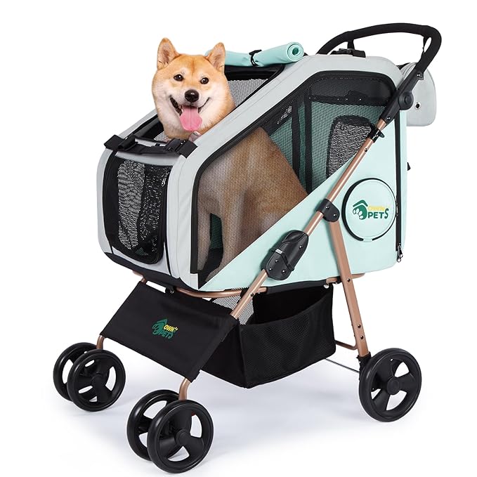Ownpets Pet Stroller with Upgraded 4 Wheels, Foldable Dog Stroller for Medium Dogs and Cats Up to 66lbs, Detachable Carrier for Car Seat, with Storage Organizer, Cup Holder