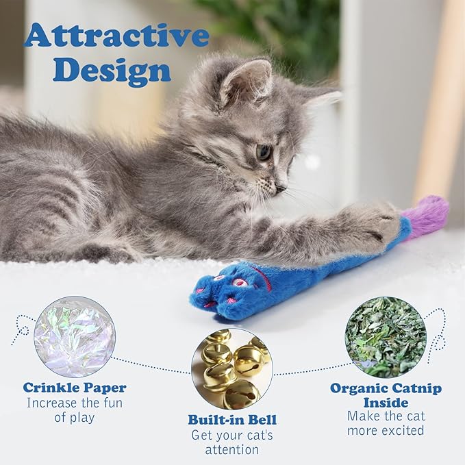 Pawaboo Cat Toys, 2 Pack Catnip Toys with Bell and Crinkle Paper, Soft and Durable Kitten Toys, Interactive Cat Toys for Indoor Cats, Cat Plush Kicker Toys for Kittens Kitty, Cute Cat Stuff