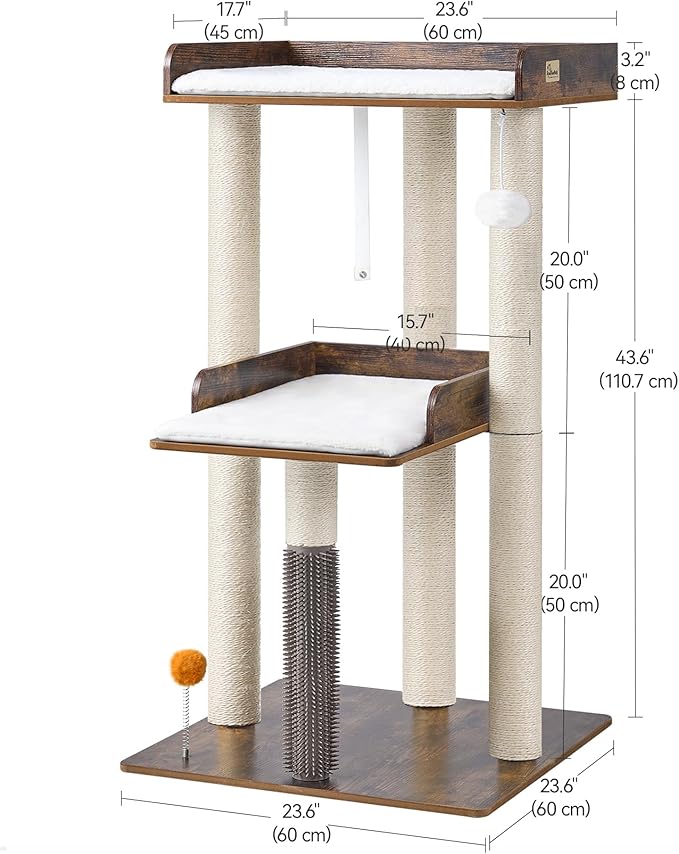 FourFurPets 43.7" Cat Tree, Modern Cat Tree Tower, Cat Tower for Indoor Cats Large Adult, Cat Condo with Scratching Post, Large Perch and Removable Pads,Rustic Brown