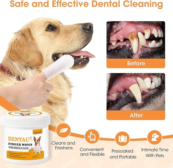Dental Care Finger Wipes for Dogs & Cats, Reduces Plaque & Tartar Freshens Breath, Pre-Soaked Pet Teeth Wipes, Easy to Use Disposable Oral Cleaning Pads, Peanut Flavor