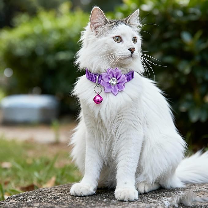 6 PCS Flower Kitten Collar with Bell, Adjustable Cute Cat Collar with Rhinestone for Female, Breakaway Small Kitten Collars, 6 Colors