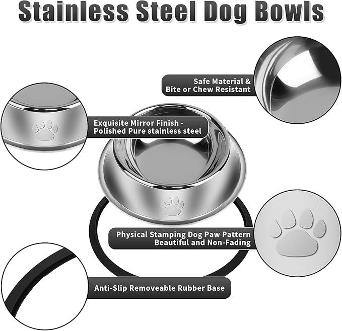 3Pcs Stainless Steel Dog Bowls Set with Dog Paw Pattern- Non-Slip Food and Water Bowl 36 Oz - Dishwasher-Safe, Rust Resistant Metal Pet Bowls for Small/Medium/Large Sized Pets