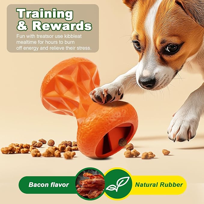 Rubber Dog Toys Treat Dispensing - Super Tough Treat Toys for Aggressive chewers Small, Medium and Large Dog Toys IQ Training (Orange)
