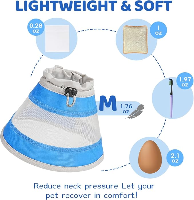 Breathable Air Mesh Cat Cone Collar Soft to Stop Licking, Adjustable, Foldable Lightweight Kitten Cones After Surgery Recovery for Cats & Kittens (Light Blue,M)