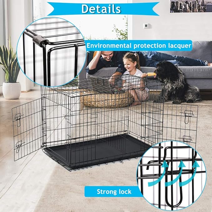 Dog Crate for Large Medium Small Dogs, Folding Dog Kennel Cage with Plastic Tray & Divider 48"/42"/ 36"/ 30"/ 24" Indoor Outdoor Metal Double Door Heavy Duty Dog Pen Enclosure, Black(30 Inch)