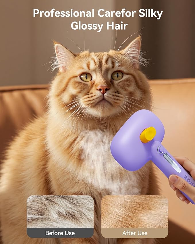 ROJECO 3-in-1 Pet Steam Brush for Cats&Dogs - Detangling Comb with Adjustable Mist, Handheld Deshedding Grooming Tool for Long/Short Hair, Massage Brush & Shedding Control Gift,Cordless,Purple