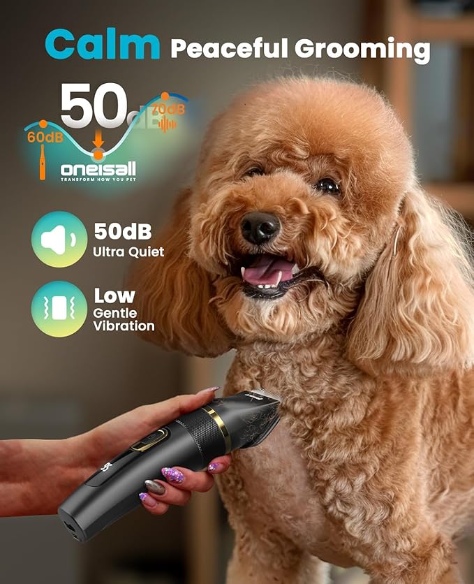 oneisall Dog Clippers Low Noise, Pro Dog Grooming Clippers Kit with Rechargeable Cordless Shaver Trimmer for Dogs Cats, IPX7 Waterproof Pet Clippers Grooming at Home