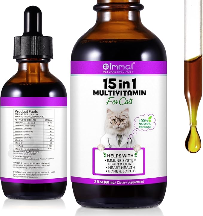Liquid Multivitamin for Cat, 15 in 1 Cats Multivitamin Liquid Drops Supplements for Skin & Coat, Heart Health, Bones and Joint, Cat Vitamins with Glucosamine and MSM, Immune System Support -60ml