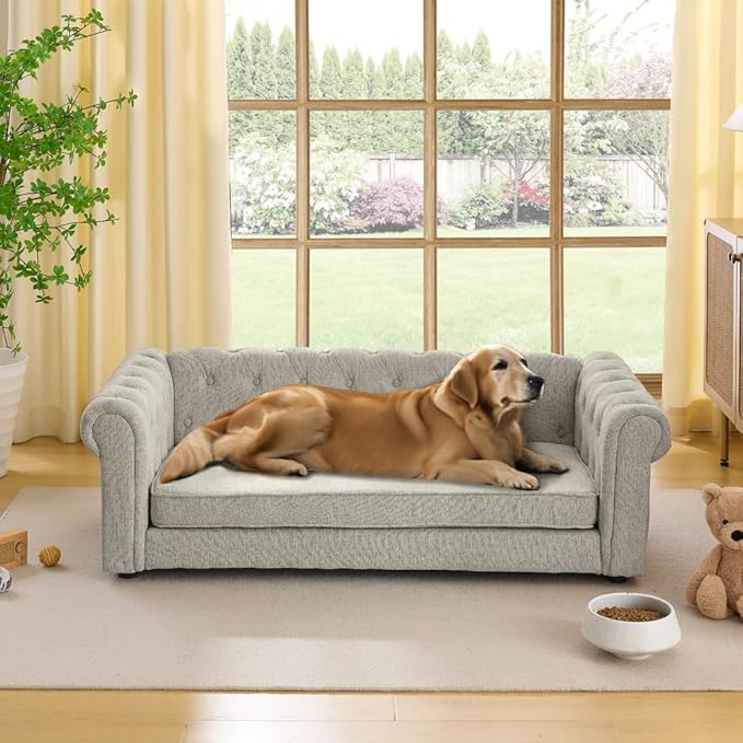 Dog Sofa Couch for Medium to Large Dogs, 55" Memory Foam Pet Sofa Couch with Washable Fabric, Durable Elevated Dog Bed with Legs, Removable Cushion for Medium and Large Dogs, Beige