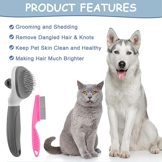 Cat Brushes for Indoor Cats, Dog Brush for Shedding with Metal Cat Comb, Self Cleaning Pet Hair Brush with Release Button for Grooming Kitten(Dark Grey)