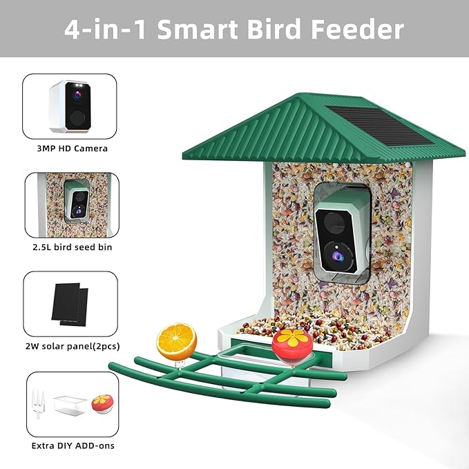Kurain® Smart Bird Feeder with Camera, Video Birds Feeder with Solar Panel, AI Identify, Live View, Capture Bird Video, 2.5L Large-Capacity, Instant Arrival Alerts, Ideal Gift for Birdlover