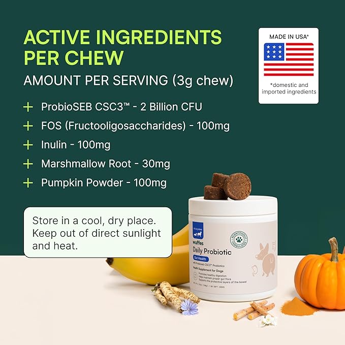 Wuffes Daily Probiotic for Dogs - Supports Digestive Health, Gut Balance, and Immune System - with Prebiotics, Marshmallow Root, and Pumpkin Powder - 60 Soft Chews