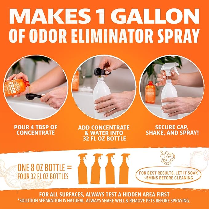 Angry Orange Pet Odor Eliminator for Home - 8oz Dog and Cat Pee Smell Remover for Carpet, Grass, Tile and Furniture - Citrus Concentrate, Makes 128oz of Liquid