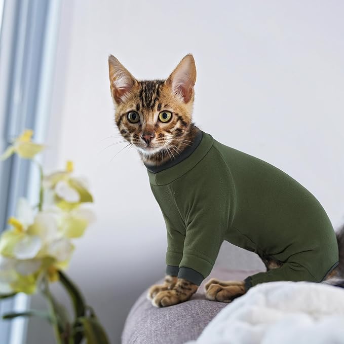 PUMYPOREITY Sticky Hair Cat Clothes, Prevent Loss Pajamas, Soft Sweaters for Cats Only, Onesie, Recovery Suit After Surgery, Green, M