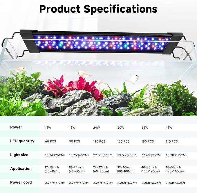 AQQA LED Aquarium Light, 24/7 Mode IP68 Waterproof Extendable Bracket Fish Tank Light, DIY Mode Full Spectrum Aquarium Plant Light, Adjustable Timer/Brightness Memory Function for 40-48 Inch Fish Tank