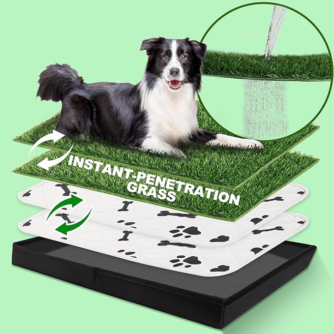 MEEXPAWS Dog Grass Pad With Tray/Foldable Liner Base Large, Litter Box Artificial Pee Pad for Indoor Potty, Odor Free Instant-Penetration Hemmed Edge, 2 PCS Reusable