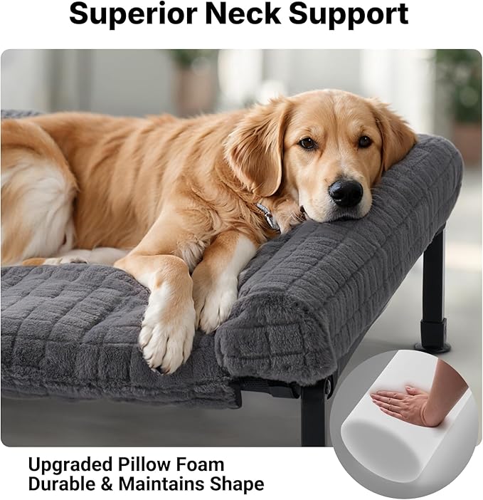Veehoo Elevated Dog Bed Large Sized with Fluffy Plush Bolster Cushion, Washable Orthopedic Dog Couch Bed, Cooling Raised Pet Cot with Removable Mat, Breathable Mesh, No-Slip Feet, 45 x 34 inches, Grey
