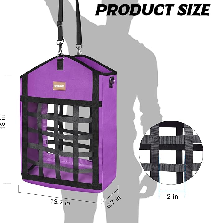 Innovative Hay Bags for Horses, Goat Hay Feeder with Reinforced Oxford Fabric and High Strength Metal Clasp,Horse Feeding Supplies with Adjustable Strap for Easy Hanging (2Purple+1Black)