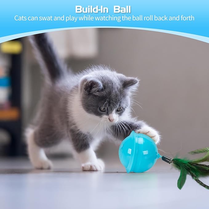 Cat Feather Toy Ball Automatic Moving Interactive Cat Toys for Indoor Cats, Self Rolling Electric Smart Tumbler Ball with Colorful Light and Big Feather Chasing Game (Blue)