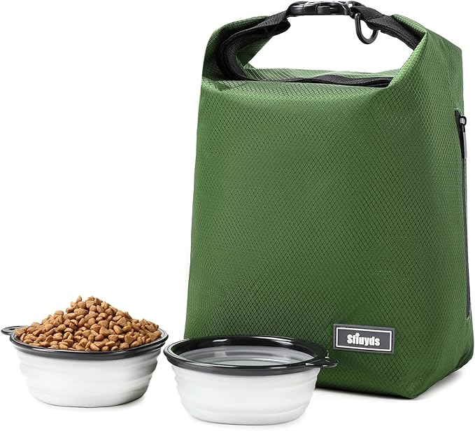 Dog Food Travel Bag,Pet Food Container 20 lb w/2PCS Collapsible Dog Travel Bowls and Zipper Side Pocket(Green, Large)