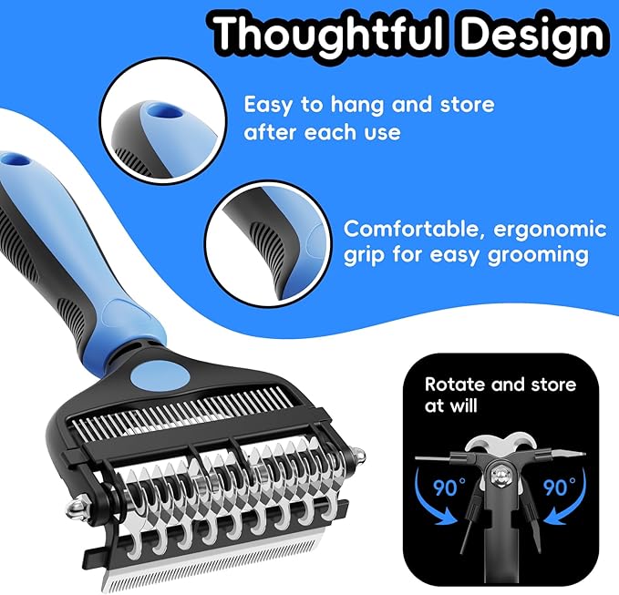 3-in-1 Pet Deshedding Tool – Grooming Brush for Dogs & Cats with Undercoat Rake & Dematting Comb (Blue)