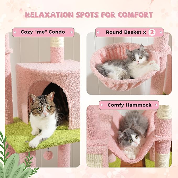 PAWZ Road Pink Cat Tree, Floor to Ceiling Cat Tower with Adjustable Height(85-112 Inches), 7 Tiers Climbing Activity Center with Cozy Hammocks, 5 Platforms and Scratching Posts for Indoor Cats-Pink