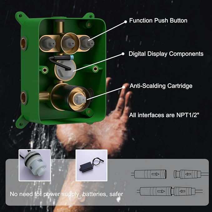 Matte Black Shower System Set Temperature Display Push Button Shower Faucet with 12 inch and 8 inch Wall Mount Full Body Shower Head and Handheld Shower